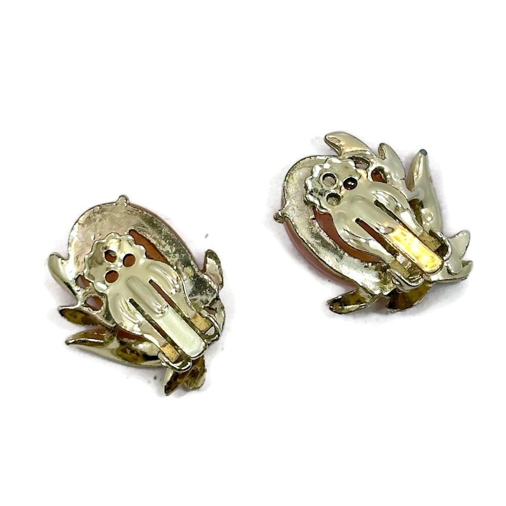 Vintage Pink Thermoset Clip Earrings: Enamel Gold Tone, 50s MCM - Picture 5 of 6